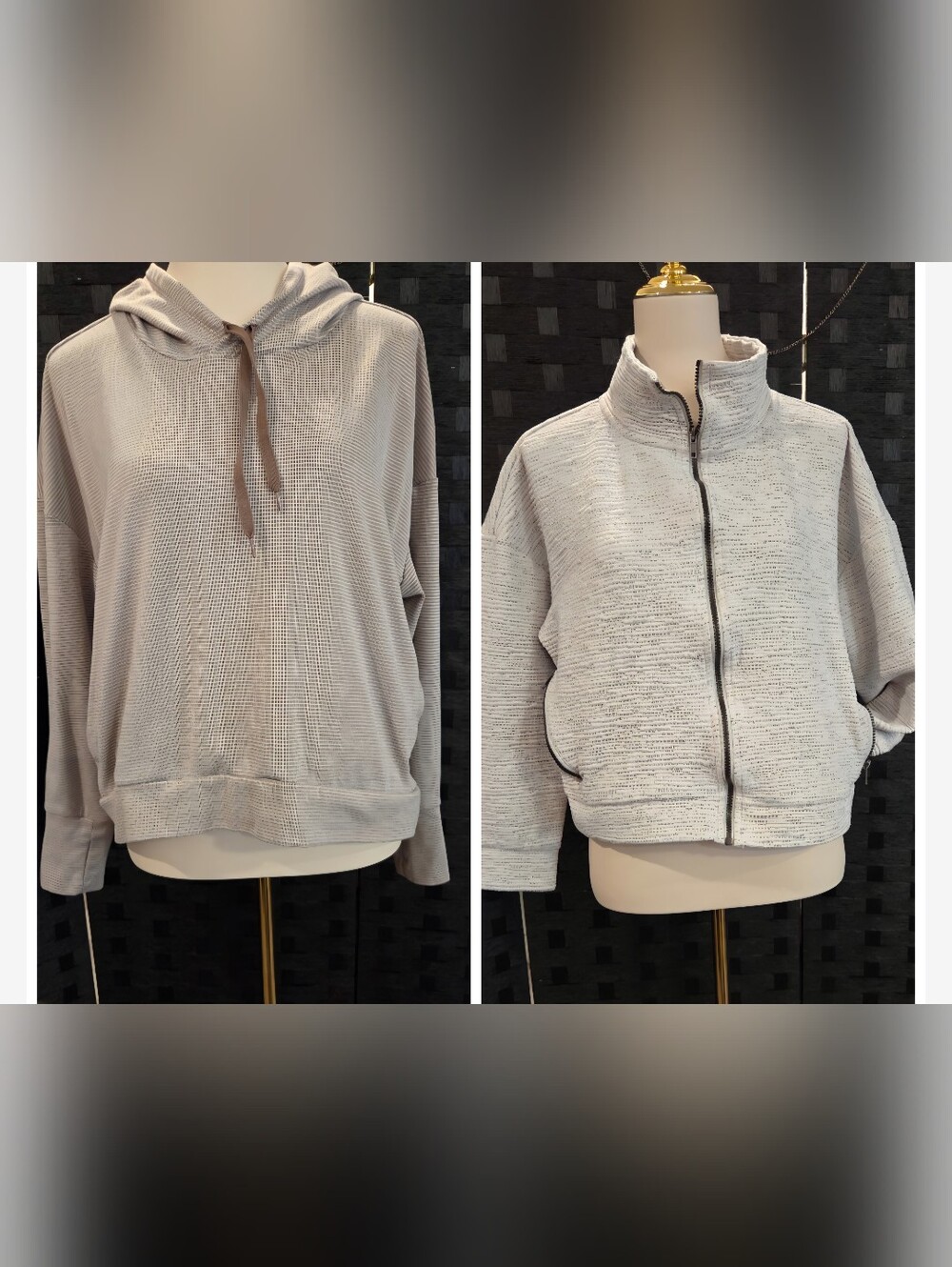 Boutique Cozy Lounge Lot - Tan Waffle Pullover Hoodie & Cream Full Zip Jacket